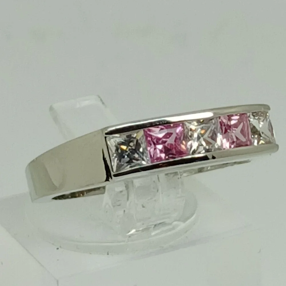 Vintage 90s Pink Clear Princess Cut CZ Channel Set Silver Tone Band Ring Size 10